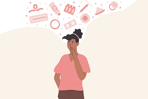 desenho de uma menina com uma cara de dúvida e um balão atrás dela com diferentes tipos de métodos contraceptivos