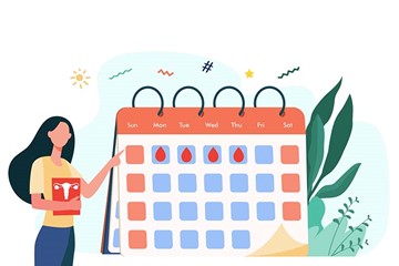 desenho de uma menina ao lado de um calendário menstrual