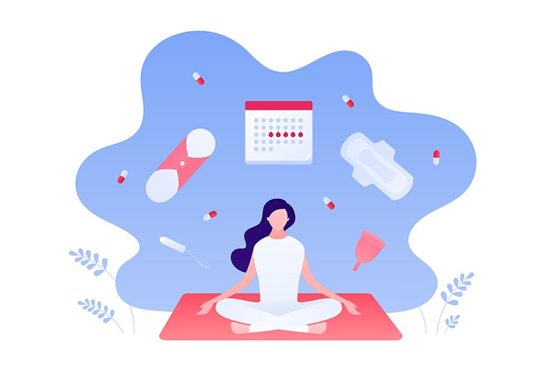 desenho de uma menina meditando ao lado de figuras de absorvente, pílulas e calendário